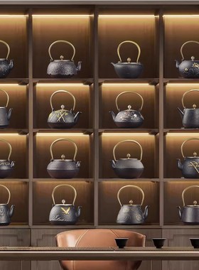 新茶室软装饰品壁柜博古架复古铸铁茶壶茶具茶道装饰