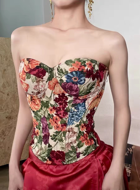 25801-运补6-8米带胸垫提花法式真鱼骨复古高级感抹胸