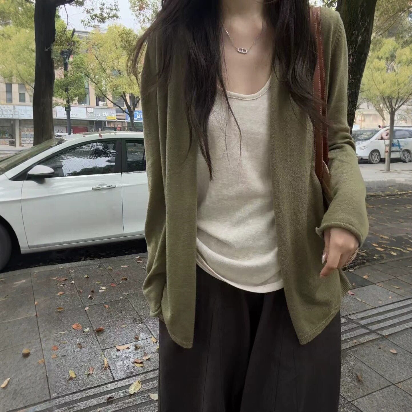 榉木绿2026早秋针织衫中长款复古木质调慵懒感薄款针织外套女开衫