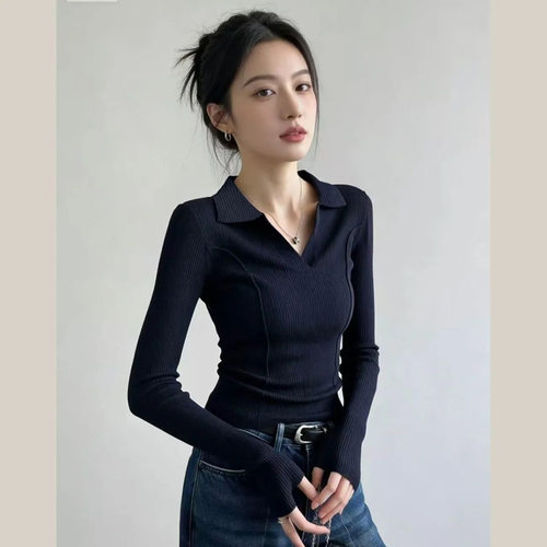 轻熟风修身气质翻领洋气长袖T恤女上衣春秋季百搭显瘦纯色打底衫
