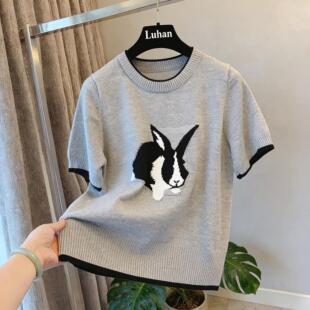 春夏薄款 大码 300斤穿搭针织短袖 胖MM宽松显瘦1 兔子图案圆领 女装