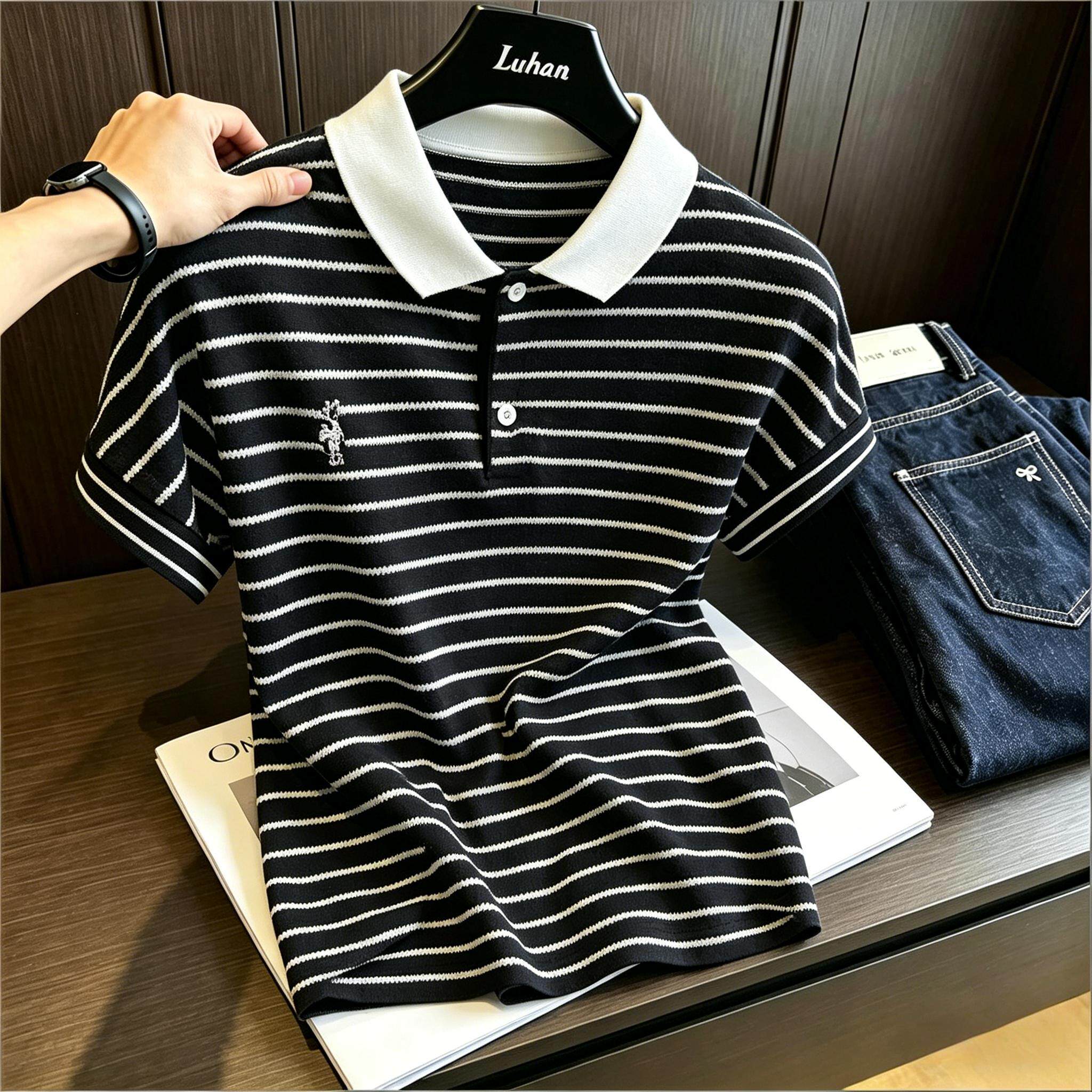 条纹短袖POLO领针织衫上衣