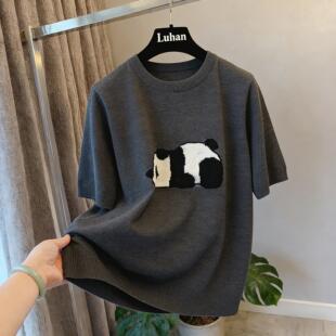 女装 胖MM宽松慵懒风熊猫图案短袖 春夏薄款 300斤穿搭 针织衫 大码