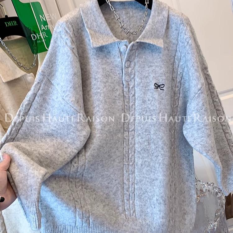 大码宽松麻花翻领针织毛衣