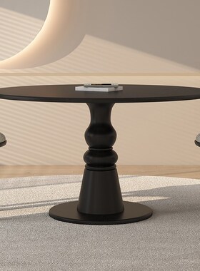 全实木餐桌圆桌家用小户型法式中古风高级感全托黑色圆形饭桌子