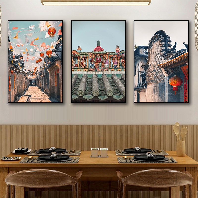岭南文化建筑风景装饰画复古怀旧广式茶楼酒楼茶餐厅饭店墙面挂画图片