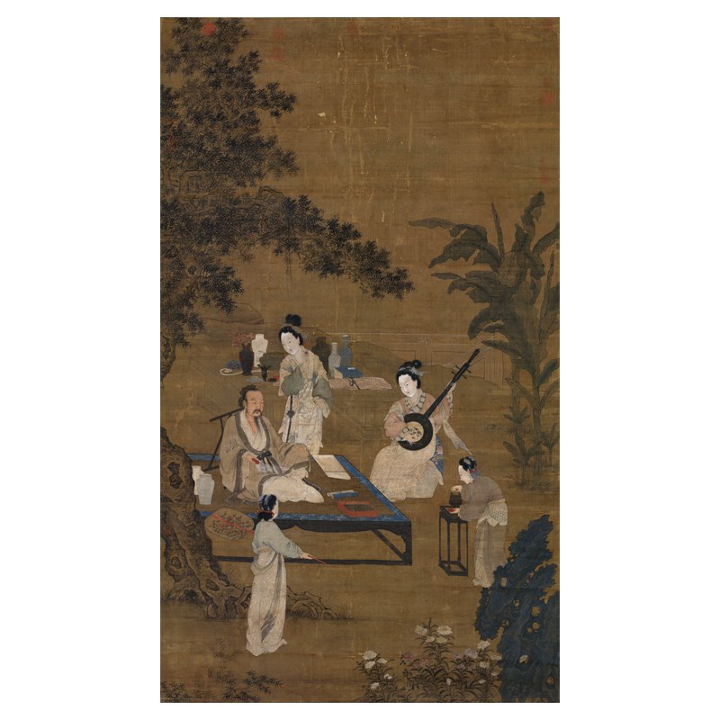 李嵩听阮图传统工笔人物高士仕女临摹范本中式装饰画艺术绢布画心