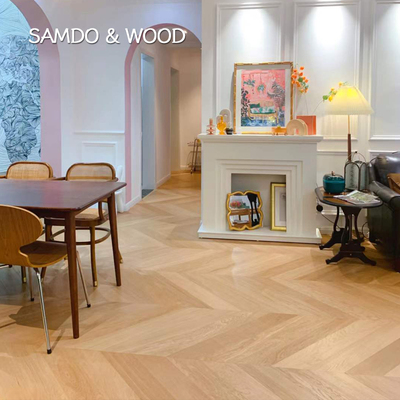 橡木大鱼骨拼多层实木复合7X7奶白色法式奶油风地暖家用地板