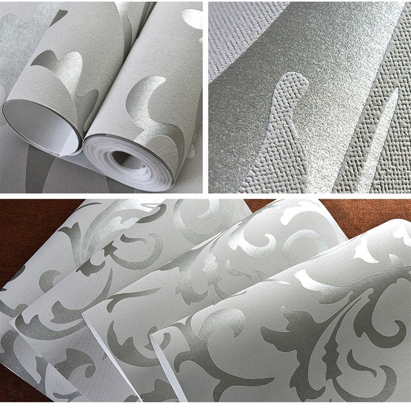 3d立体欧式不织布钩花壁纸卧室客厅电视背景墙莨苕叶壁纸银灰色