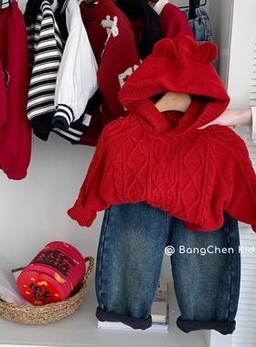儿童毛衣邦诚2025冬季红色喜庆针织衫男女童连帽小耳朵上衣F0635