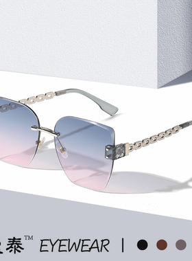 2024新款时尚太阳镜锁链镜腿大框复古墨镜无框切边高级感链条眼镜