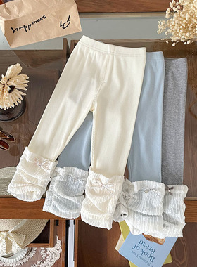 【现货】QK252101女童打底裤2025秋季新款蕾丝蝴蝶结休闲打底裤潮