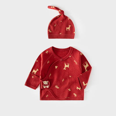 新生婴儿半背内衣服送礼纯棉春秋款初生红色胎帽子和尚服宝宝上衣