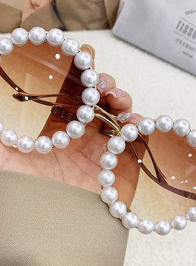 蕾哈娜同款眼镜珍珠金属圆框太阳镜ins时尚波浪形镜腿网红墨镜女