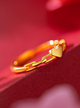 越南沙金镀金爱心链条戒指 周家同款高级感爱心链条戒指活口指环