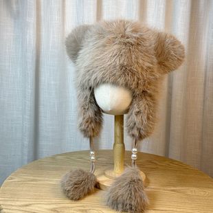 东北抗冻小熊耳朵毛绒帽子围脖一体女冬季防寒护耳加厚保暖雷锋帽