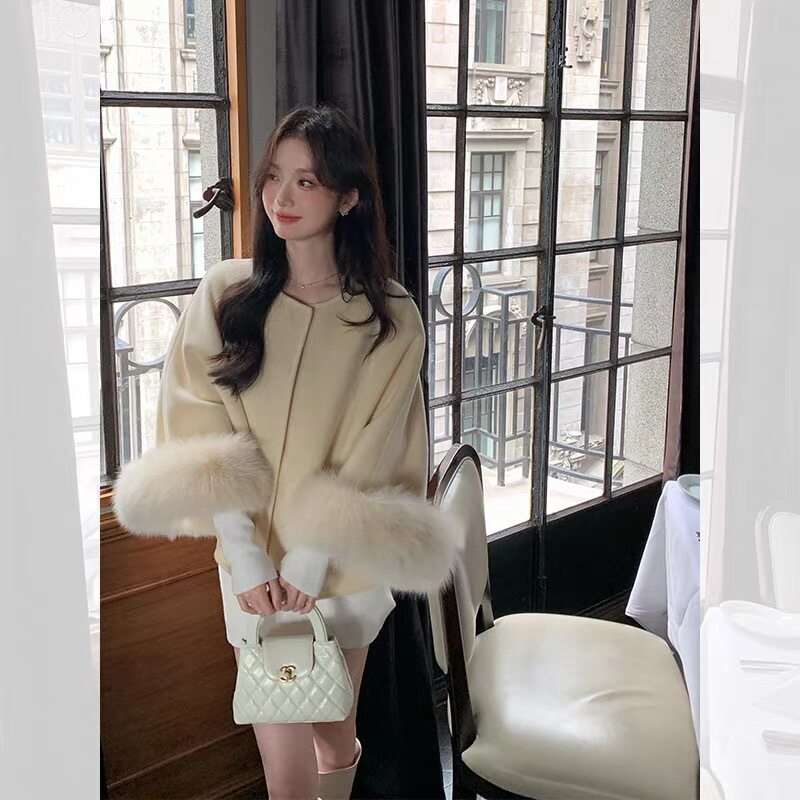 贵贵小富婆狐狸毛斗篷双面羊毛大衣女小个子毛呢羊毛外套短款