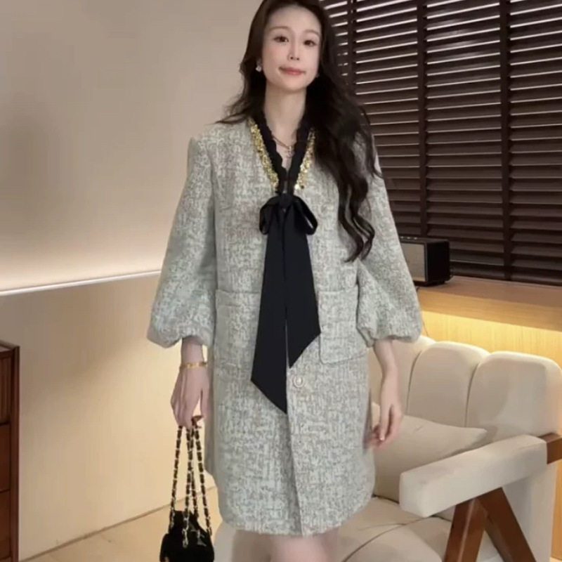 DD【薄荷生巧】羊毛呢大衣女名媛小香风法式连衣裙外套温柔气质冬
