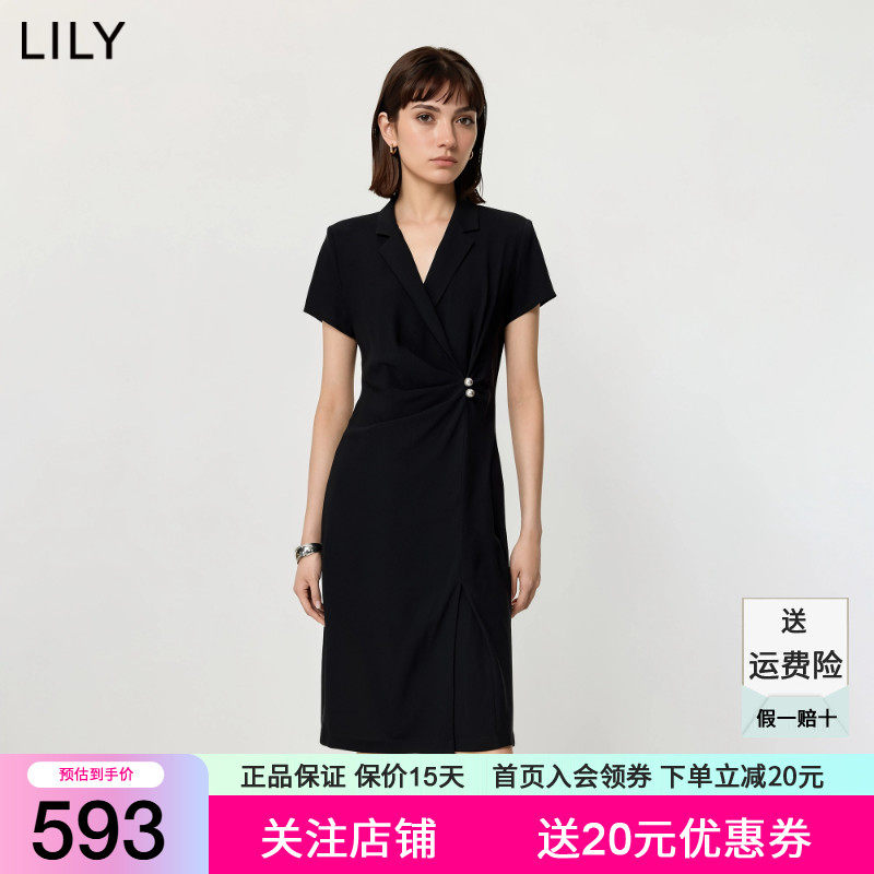 LILY2026夏新款女装醋酸混纺复古经典收腰气质通勤黑色西装连衣裙
