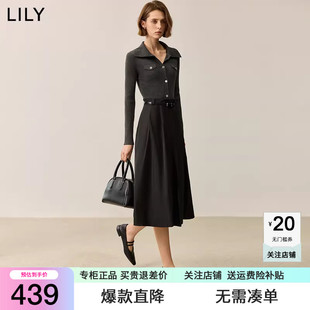 LILY2025秋新款翻领针织拼接修身黑色百褶气质淑女连衣裙A字长裙