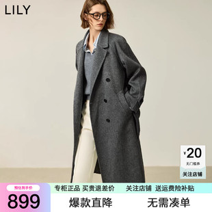 LILY2024冬新款女装绵羊毛格雷系双排扣宽松OL通勤双面呢大衣外套