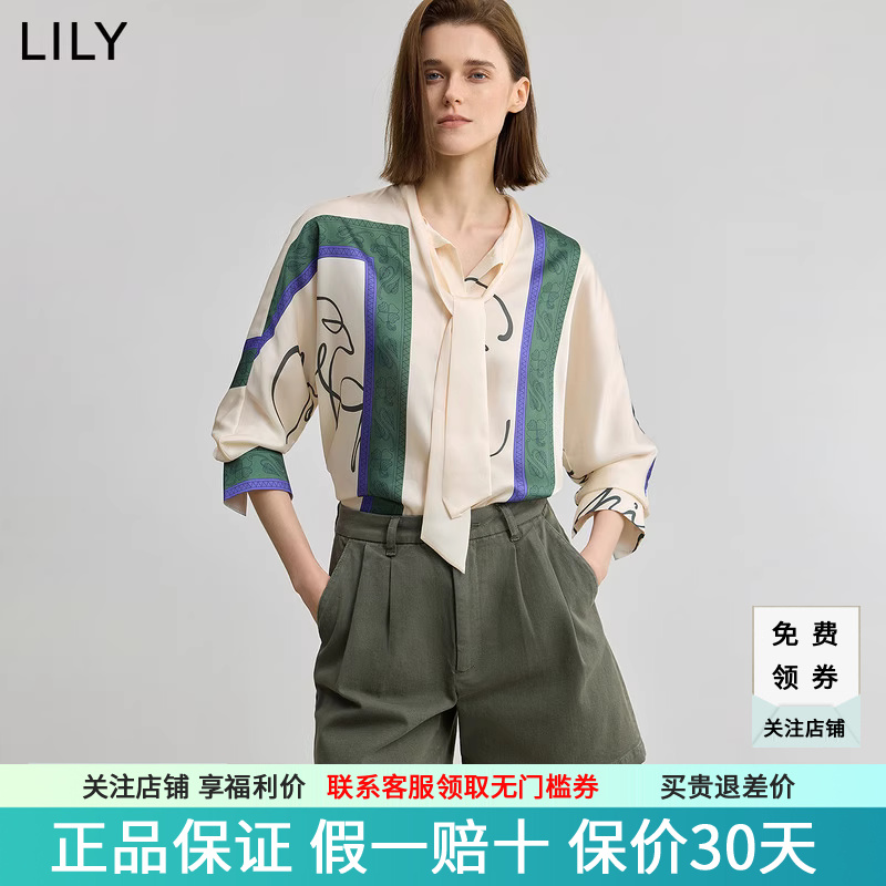 【商场同款】LILY2025秋新款女装复古飘带领印花休闲长袖衬衫外套