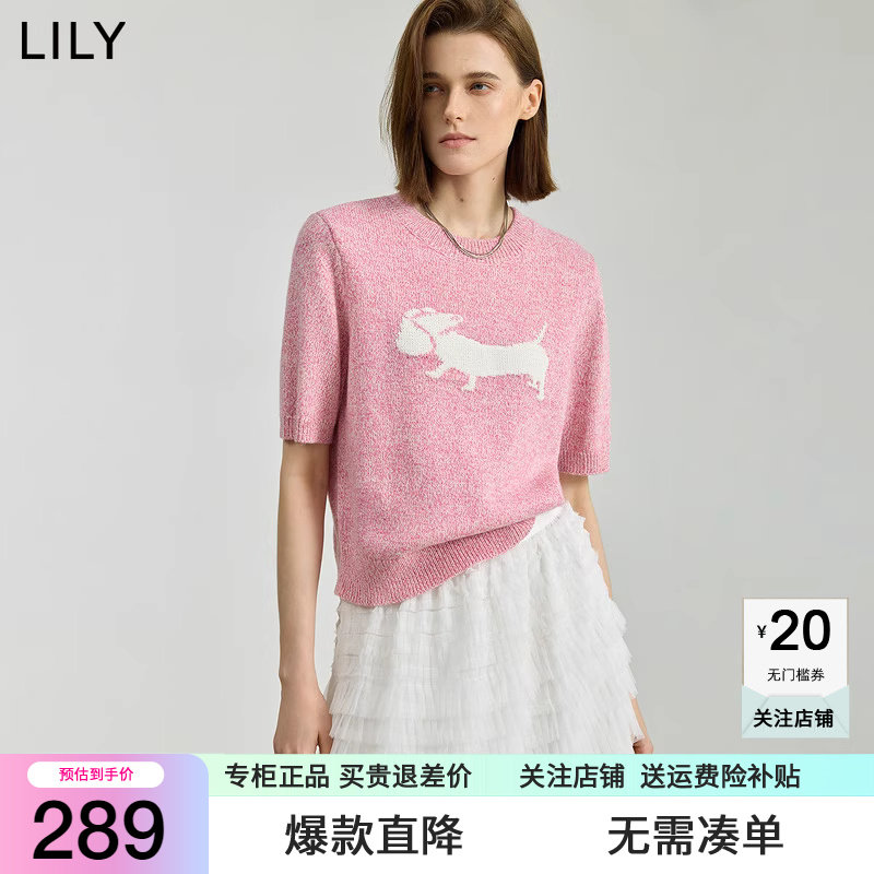 LILY2025秋新款女装绵羊毛混纺花纱撞色腊肠犬绣花圆领短袖针织衫