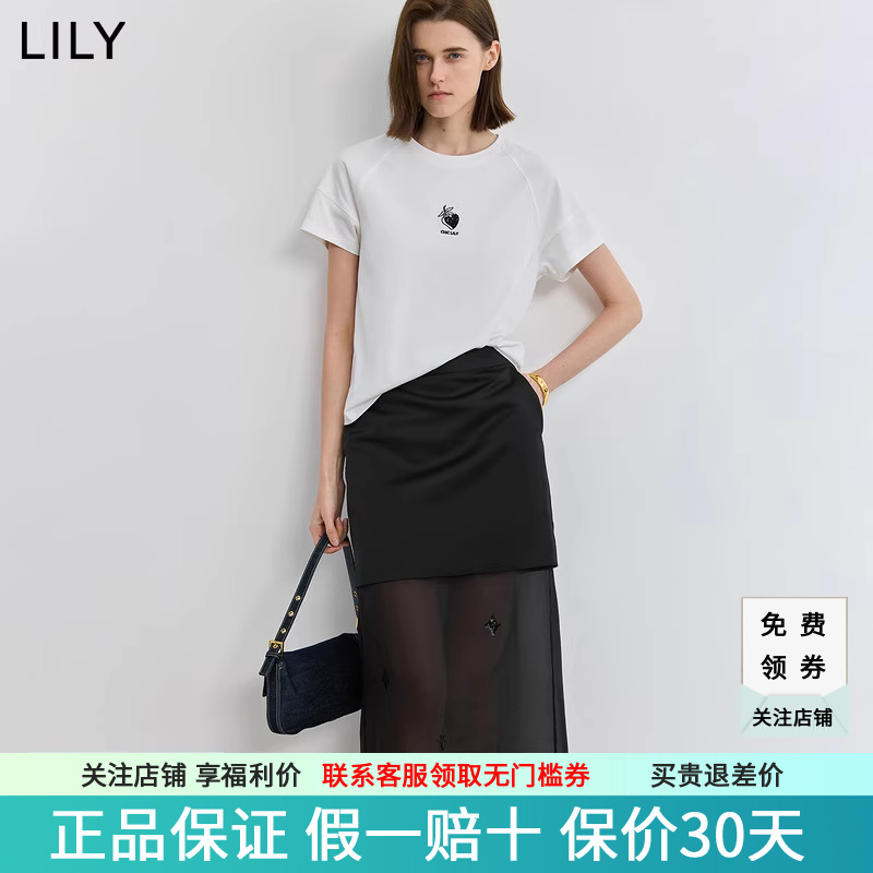 LILY2025夏新款女装简约印花宽松休闲插肩袖百搭通勤白色短袖T恤