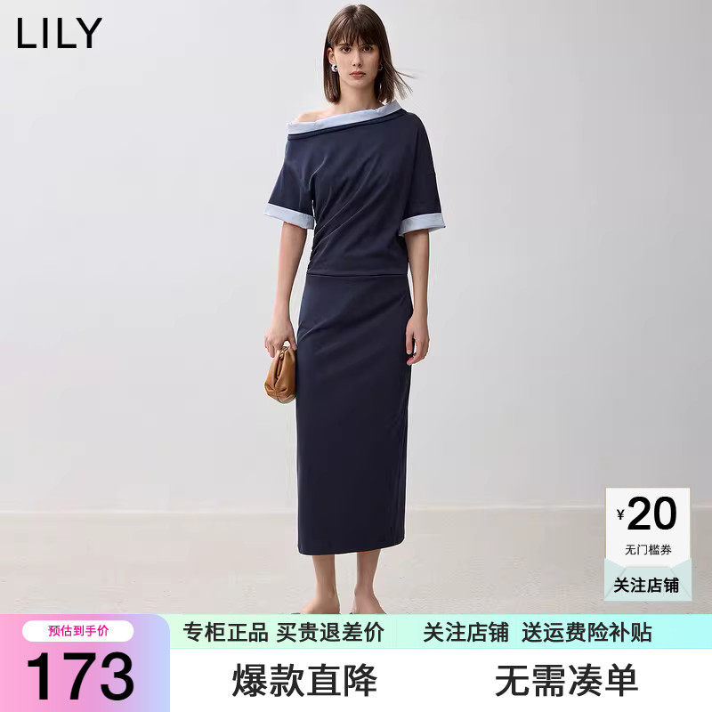 LILY2024夏新款时尚撞色袖口设计感褶皱收腰显瘦宽松直筒连衣裙子