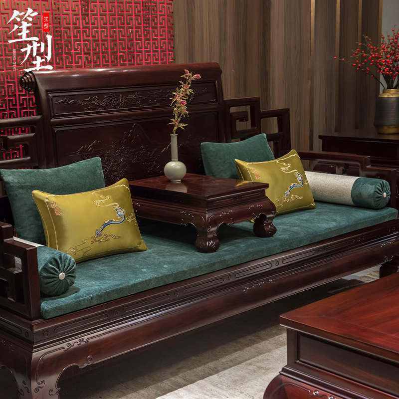 中式红木沙发坐垫子古典罗汉床座垫五件雪尼尔靠垫刺绣腰枕定制