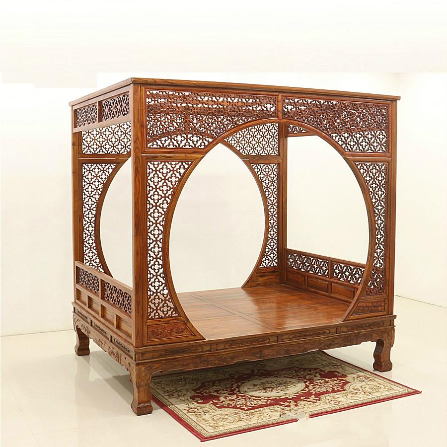 老榆木中式单月洞架子床明清复四柱仿古代床实木雕红花梨踏步床