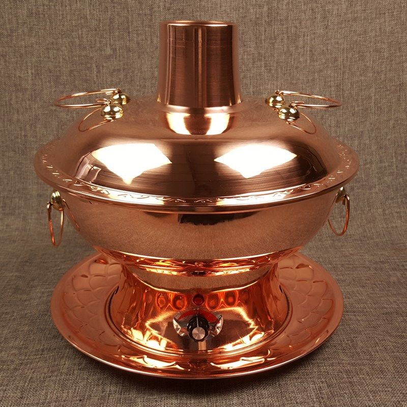 插电铜火锅加厚紫铜电碳两用铜锅老北京火锅鸳鸯火锅纯木炭家用锅
