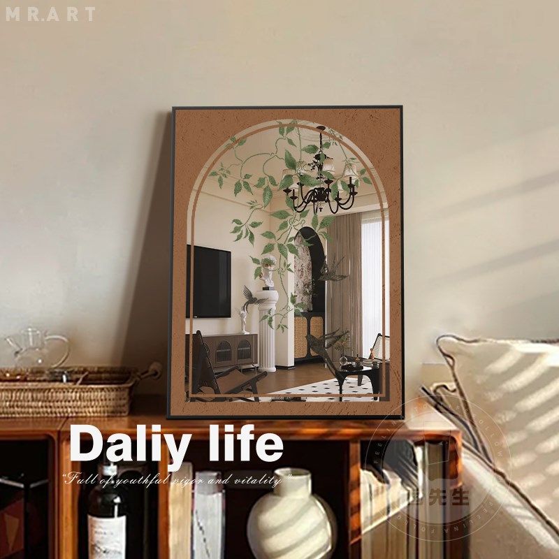 法式中古风镜子装饰画复古绿植客厅柜挂画小新卧室摆画级感,家居饰品,现代装饰画,淘宝优惠券,粉丝福利购,淘宝优惠卷