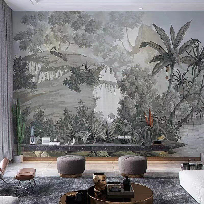 东南亚热带植物森林壁纸民宿酒店西背景墙纸法式客厅复古墙布