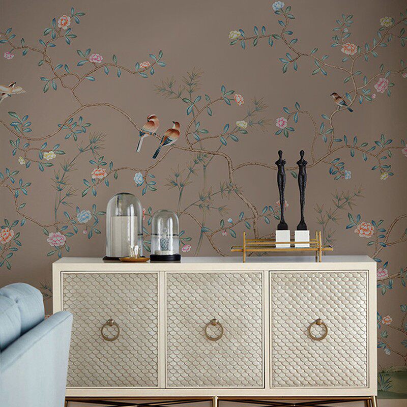 低奢法式大型壁画新万物迎春鸟别墅宽幅电视背景墙壁纸