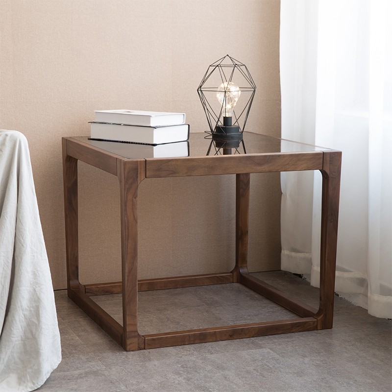 梦天然北美黑胡桃木实木边几小茶几钢化玻璃客厅