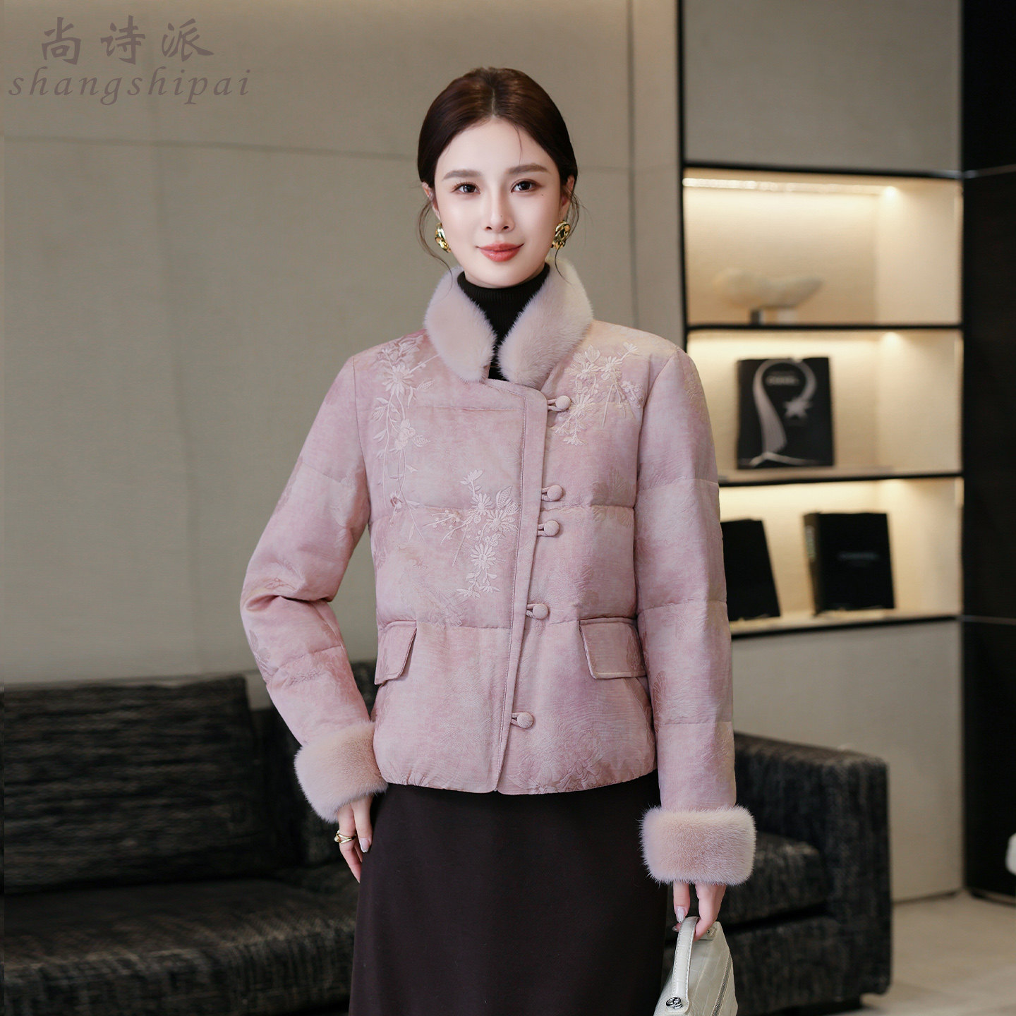 高端皮草洋气提花中式国风鹅绒服