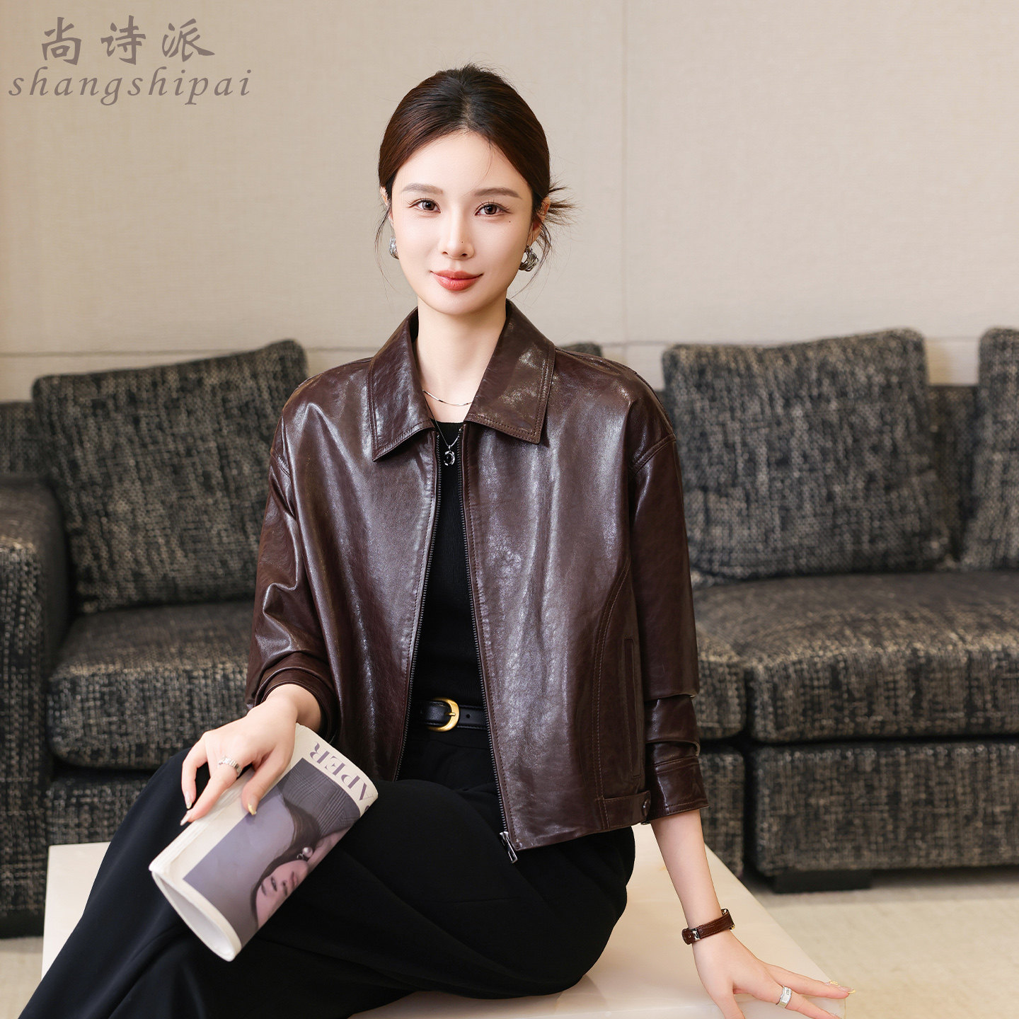 海宁头层绵羊皮油蜡夹克女短款