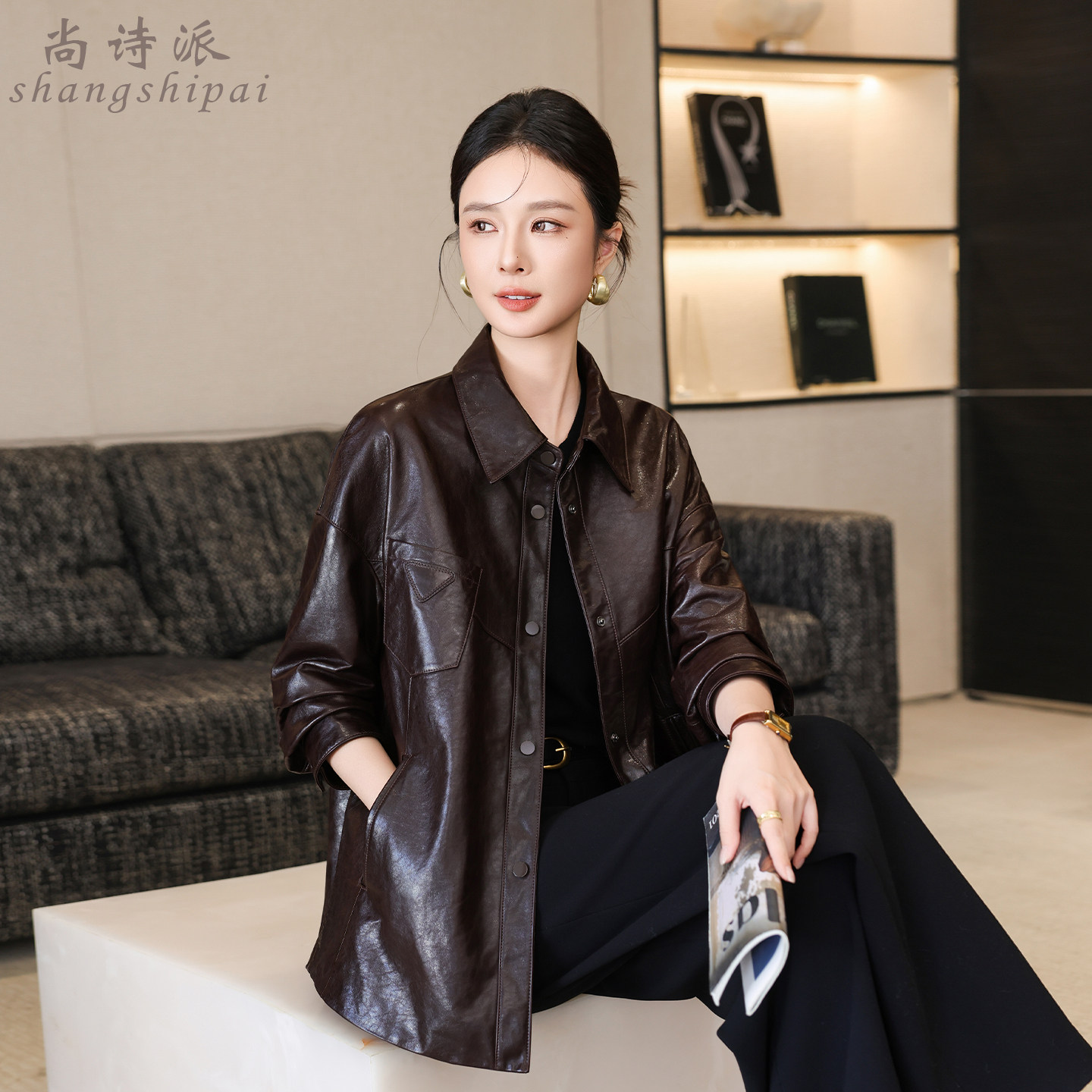 海宁真皮油蜡绵羊皮衬衫式皮衣女