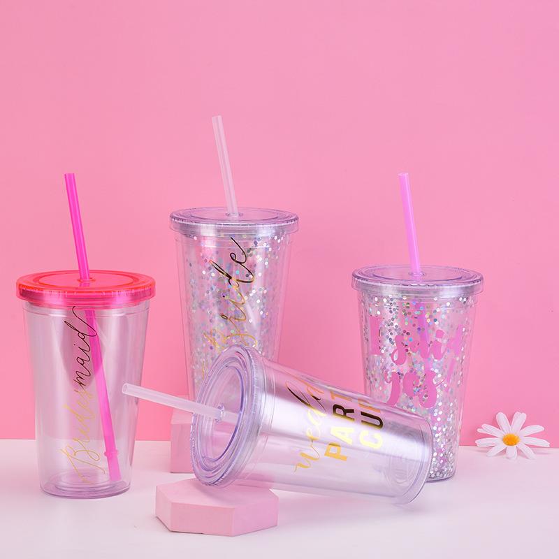 新款跨境礼品婚礼水杯16oz双层塑料吸管杯透明简约亮片塑料杯女