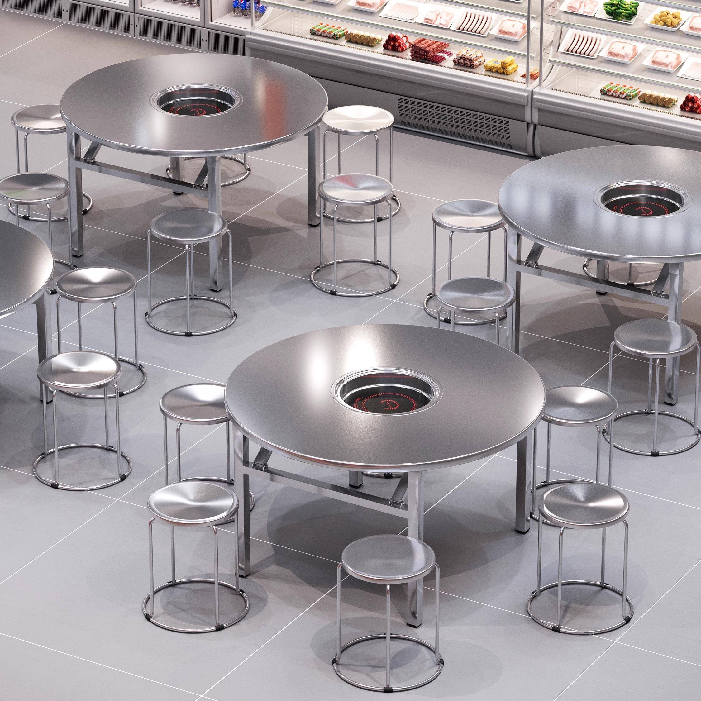 烧烤桌子商用地摊电磁炉烤肉桌不锈钢火锅桌子大排档桌椅折叠圆桌