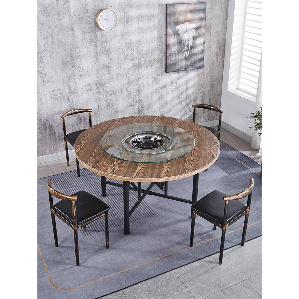 火锅桌子实木圆桌电磁炉一体桌面酒店家用可折叠桌带转盘大圆桌子