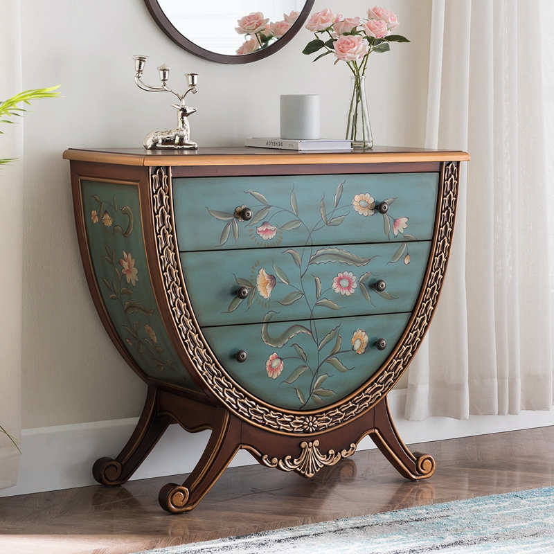 欧式斗柜美式实木彩绘抽屉收纳柜玄关柜复古走廊装饰柜子家具整装