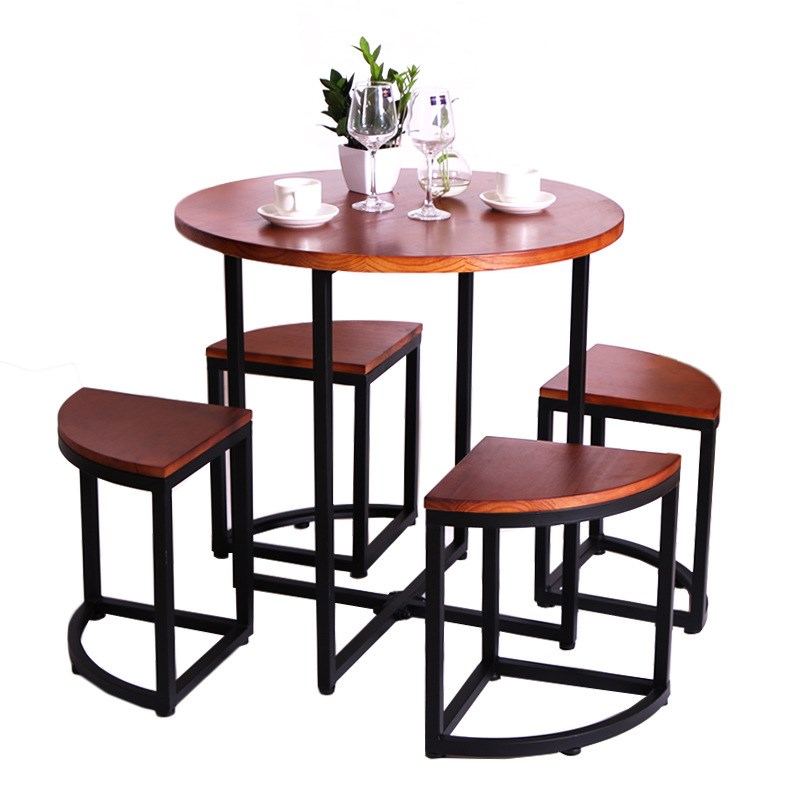 北欧铁艺美式乡村复古实木做旧简约桌椅圆形餐桌椅组合小饭桌茶几