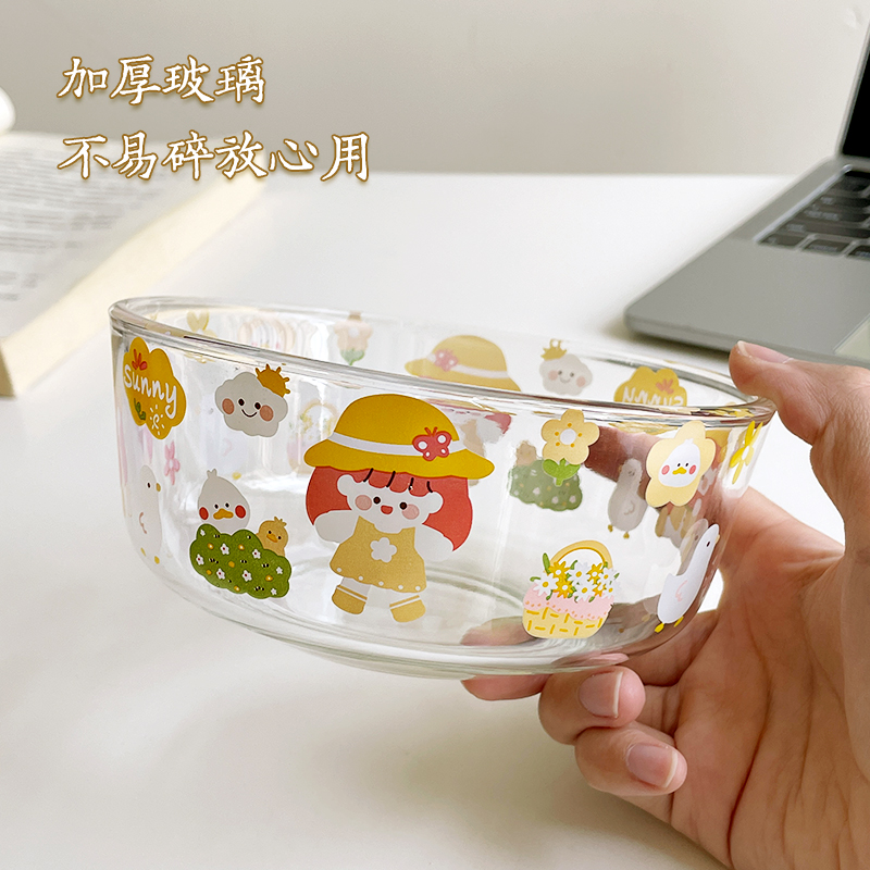 卡通玻璃碗高颜值耐高温小碗家用餐具套装汤碗饭碗水果沙拉碗
