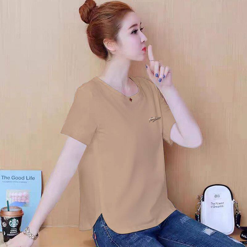 纯棉短袖t恤女夏季洋气时尚宽松大码减龄印花弧形下摆上衣服女ins