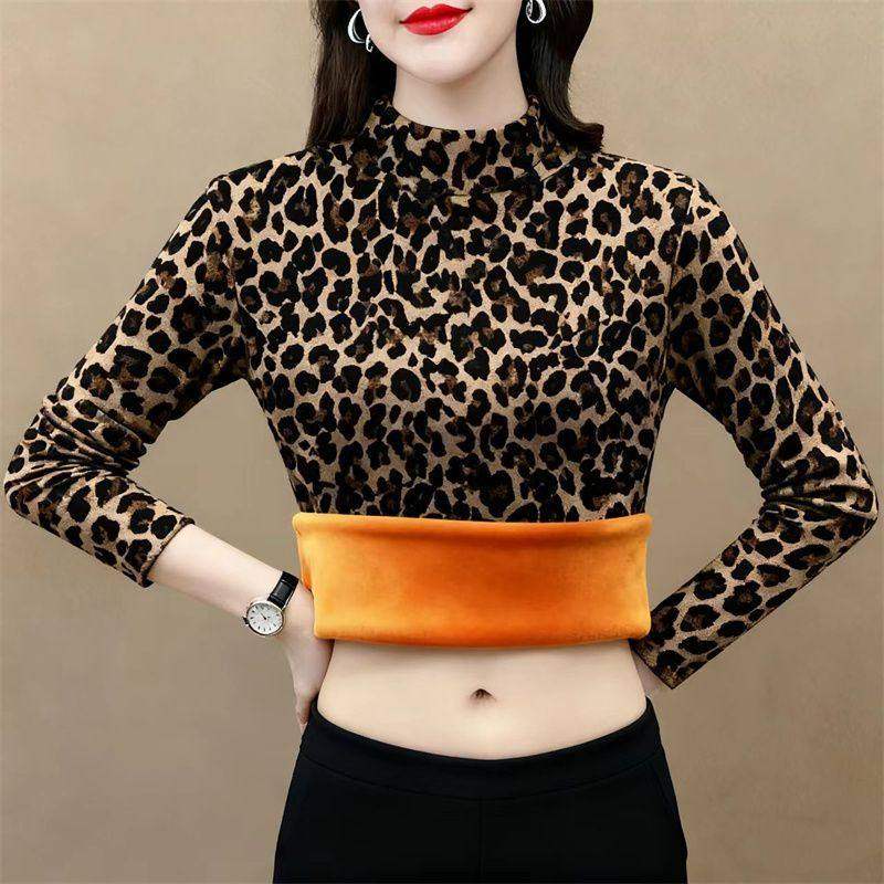 加绒加厚豹纹打底衫秋冬半高领卫衣女新款洋气减龄大码妈妈装上衣