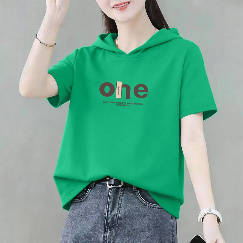 夏季纯棉大码连帽短袖T恤女