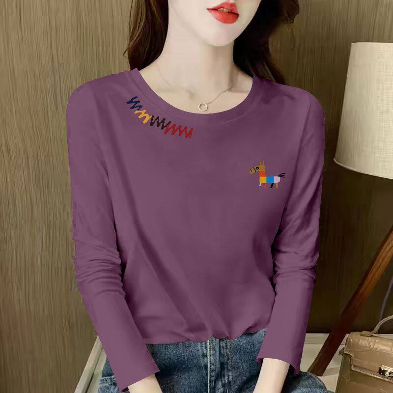 宽松100%纯棉时尚长袖t恤女春秋新款大码简约百搭休闲洋气上衣ins