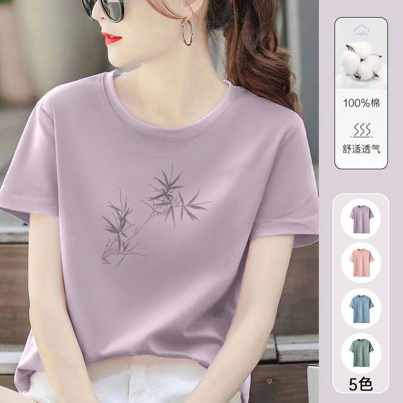 夏季纯棉女士短袖t恤女爆款圆领减龄时尚设计感印花简约上衣女ins